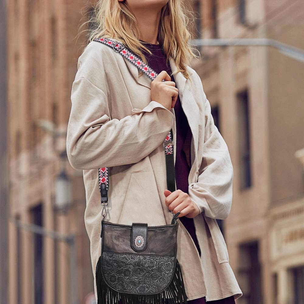 Black Flower Pattern Fringe Crossbody Shoulder Bag!