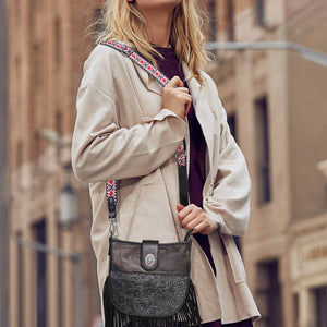 Black Flower Pattern Fringe Crossbody Shoulder Bag!