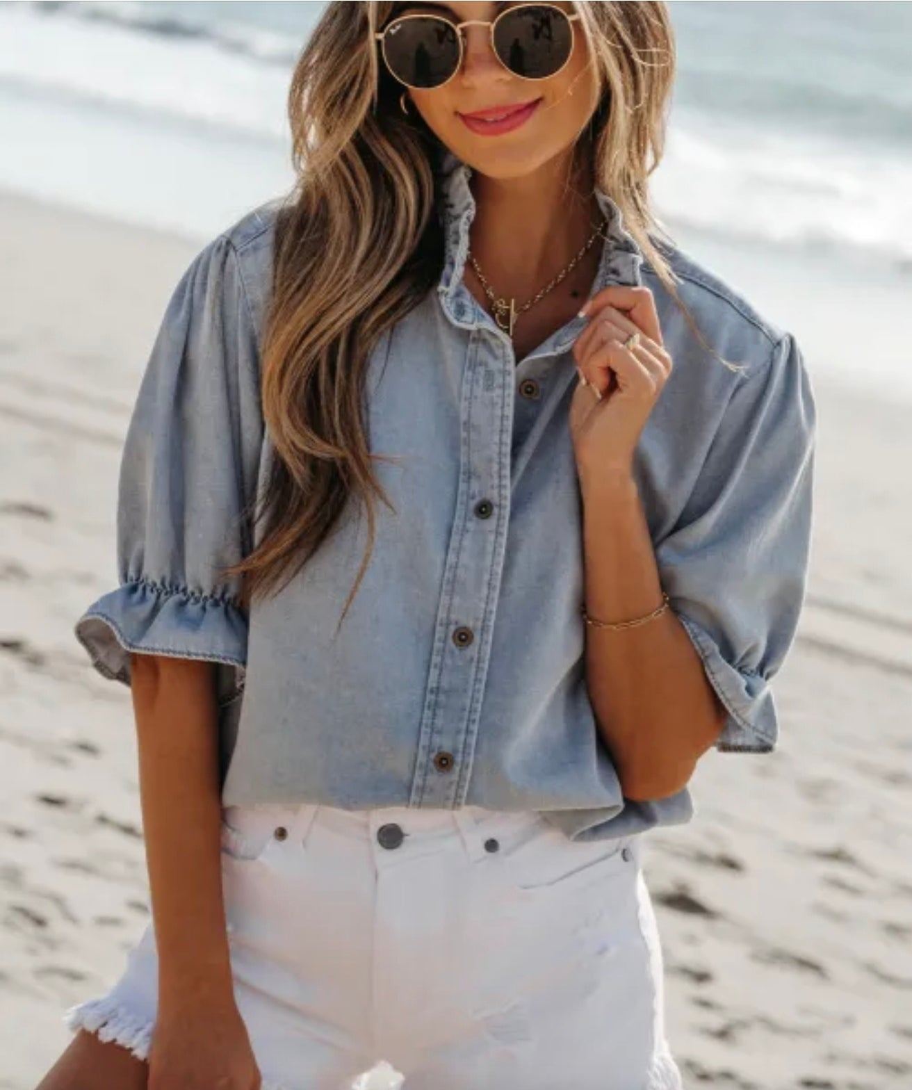 Ruffle Sleeve Jean Shirt!