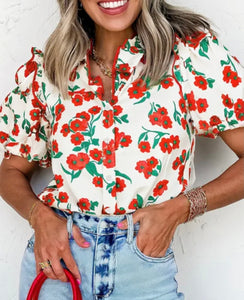 Red Floral Print Blouse!