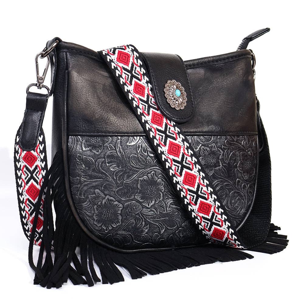 Black Flower Pattern Fringe Crossbody Shoulder Bag!