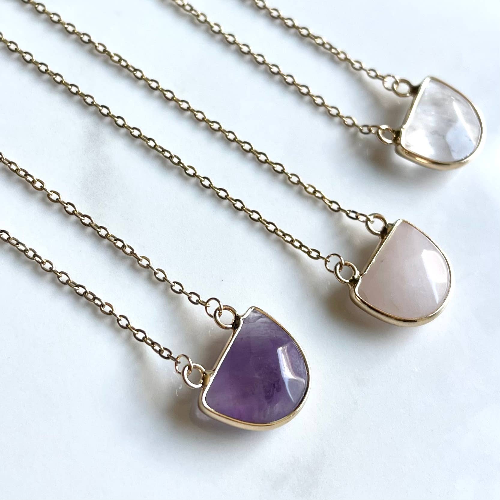 Rose Quartz Gemstone Half Moon Necklace 