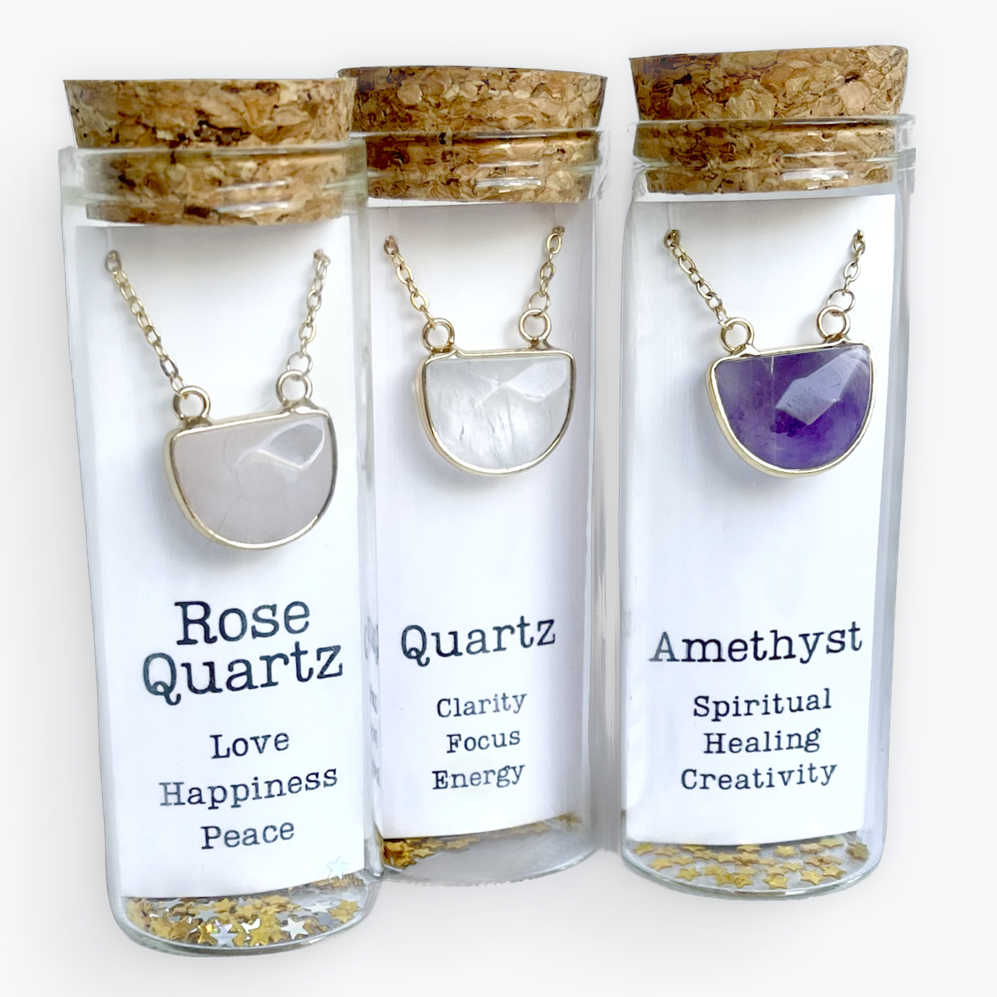 Rose Quartz Gemstone Half Moon Necklace 